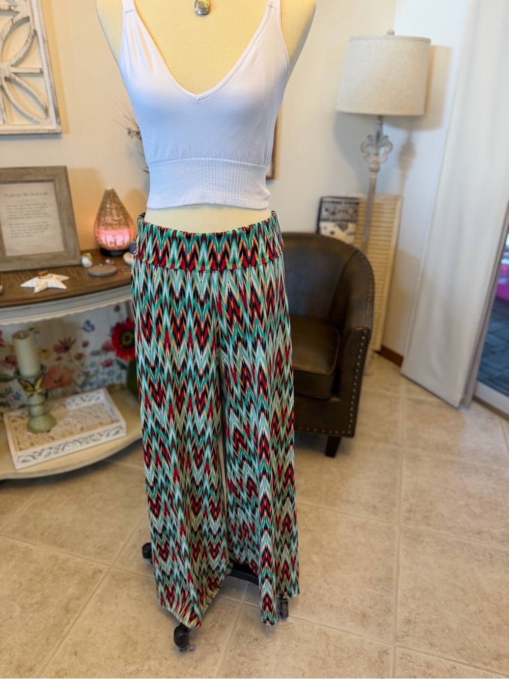 Wide-Leg Chevron Print Palazzo Pants in Turquoise and Coral